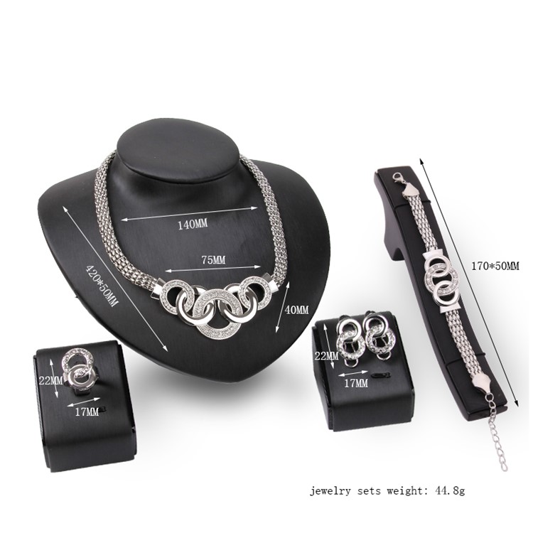 Silver Women Circle Ring Rhinestone Jewelry Set Including Necklace Bracelet Ring and Earrings-3