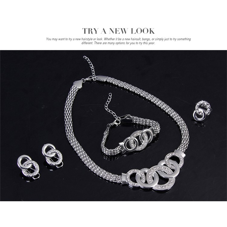 Silver Women Circle Ring Rhinestone Jewelry Set Including Necklace Bracelet Ring and Earrings-5