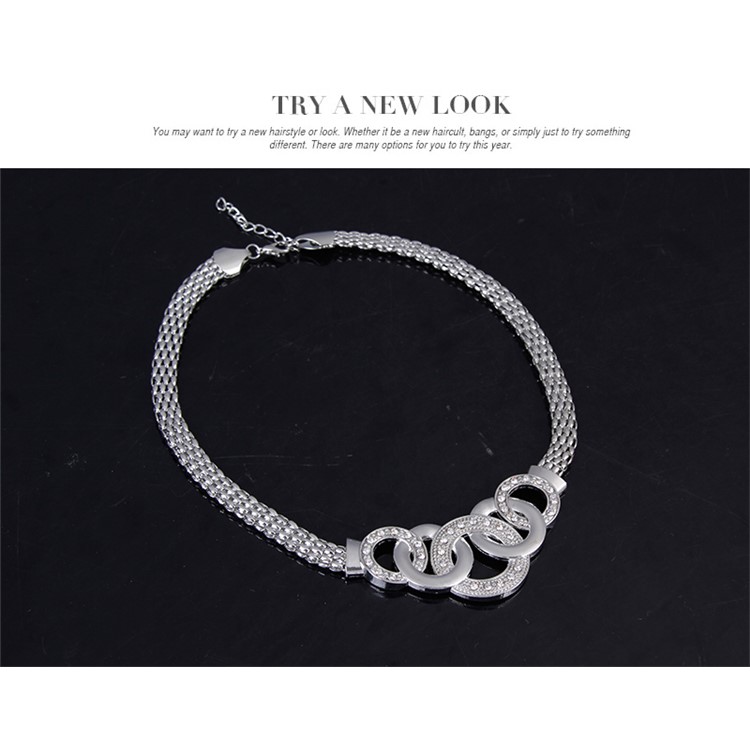 Silver Women Circle Ring Rhinestone Jewelry Set Including Necklace Bracelet Ring and Earrings-6