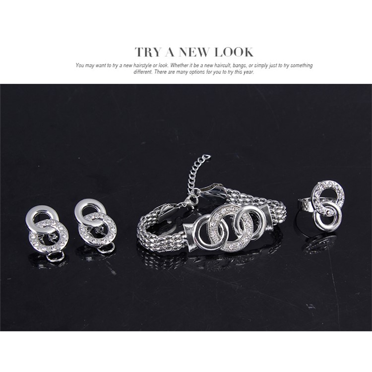 Silver Women Circle Ring Rhinestone Jewelry Set Including Necklace Bracelet Ring and Earrings-8