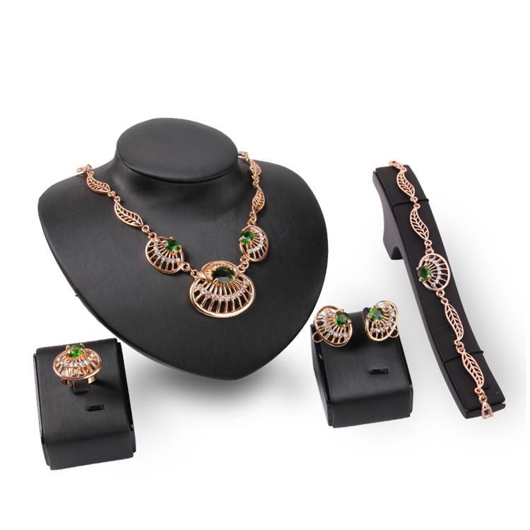 Leaf Shell Emerald Women Rhinestone Jewelry Set Including Necklace Bracelet Ring and Earrings-1