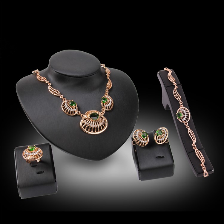 Leaf Shell Emerald Women Rhinestone Jewelry Set Including Necklace Bracelet Ring and Earrings-2