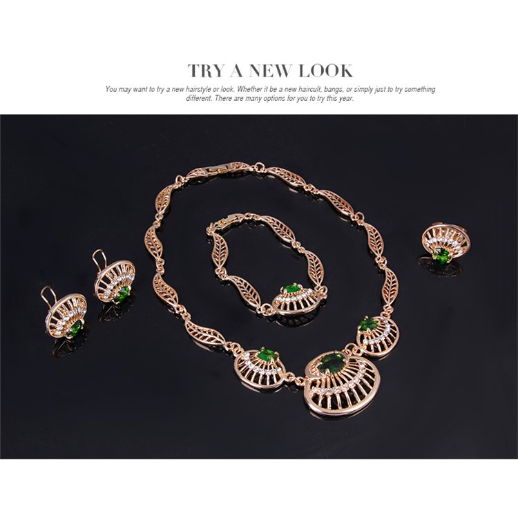 Leaf Shell Emerald Women Rhinestone Jewelry Set Including Necklace Bracelet Ring and Earrings-4