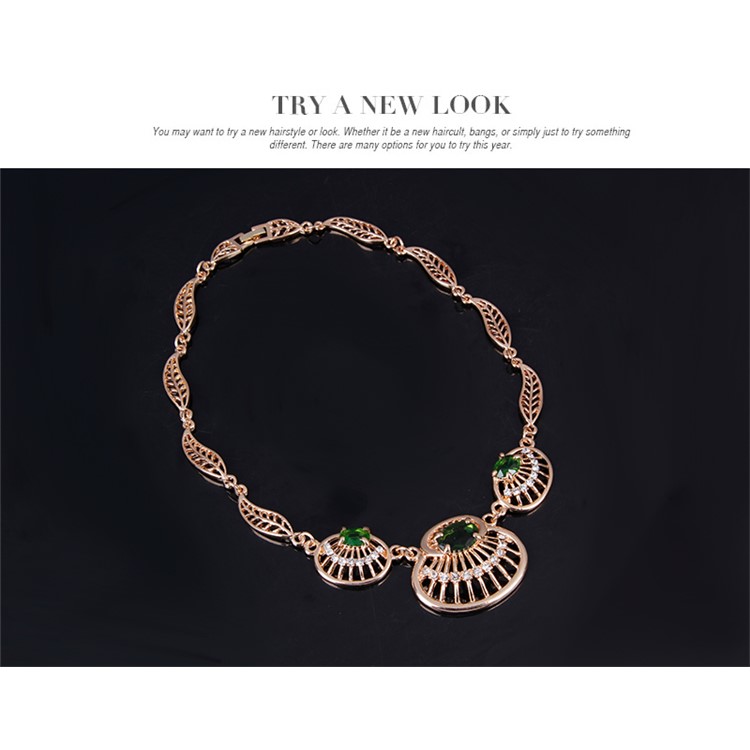 Leaf Shell Emerald Women Rhinestone Jewelry Set Including Necklace Bracelet Ring and Earrings-5