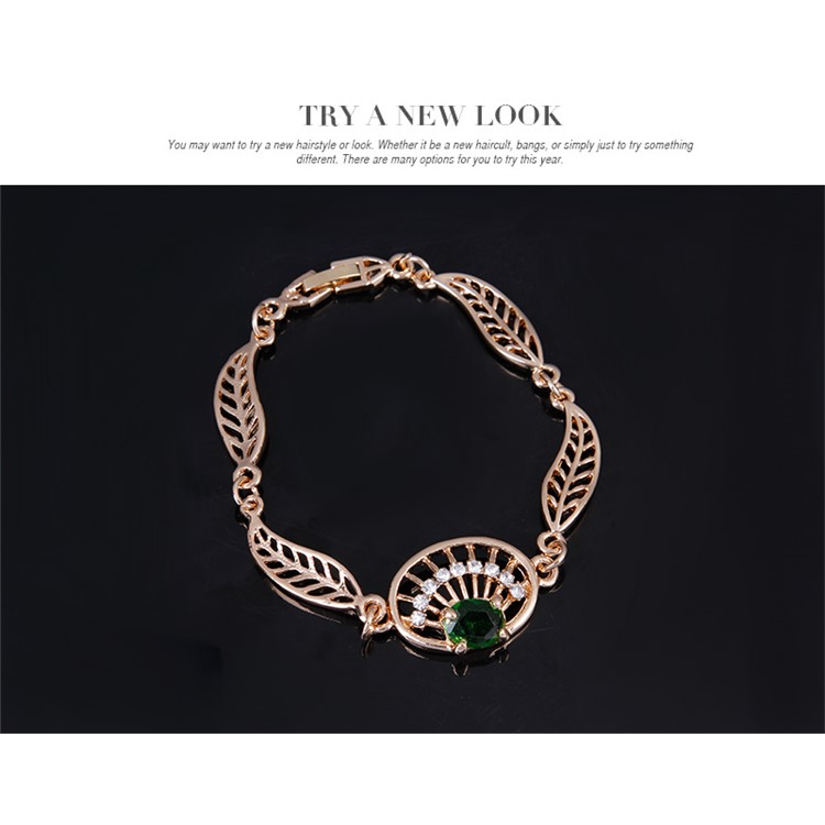 Leaf Shell Emerald Women Rhinestone Jewelry Set Including Necklace Bracelet Ring and Earrings-6