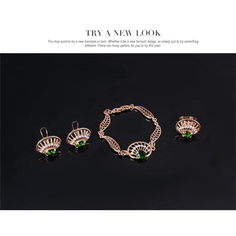 Leaf Shell Emerald Women Rhinestone Jewelry Set Including Necklace Bracelet Ring and Earrings-7