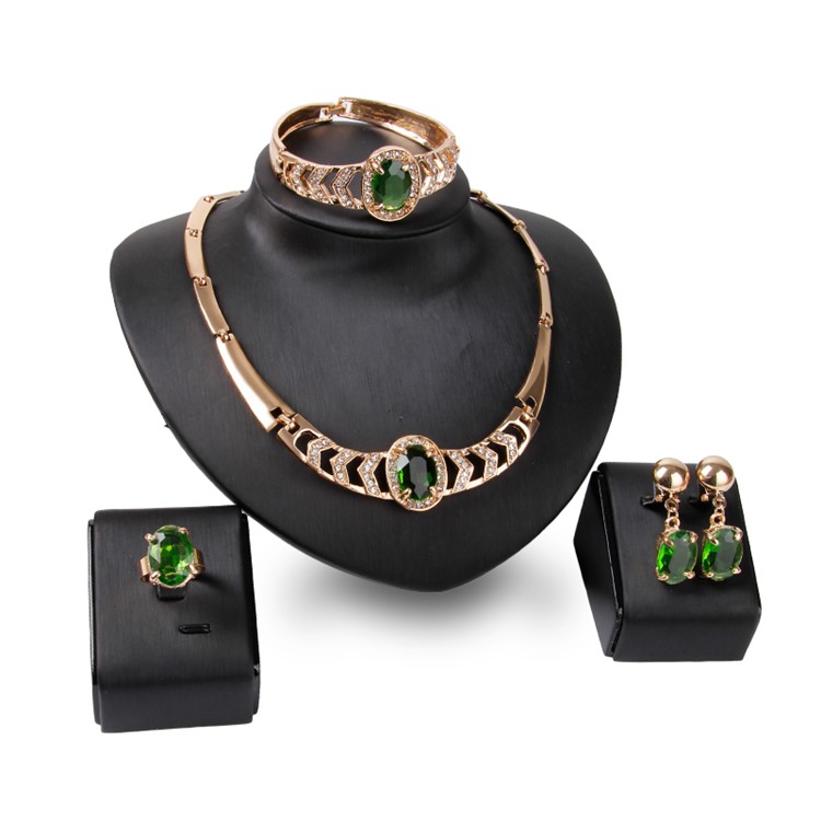 Charming Emerald Rhinestone Necklace Bracelet Ring and Earrings Jewelry Set for Women-1