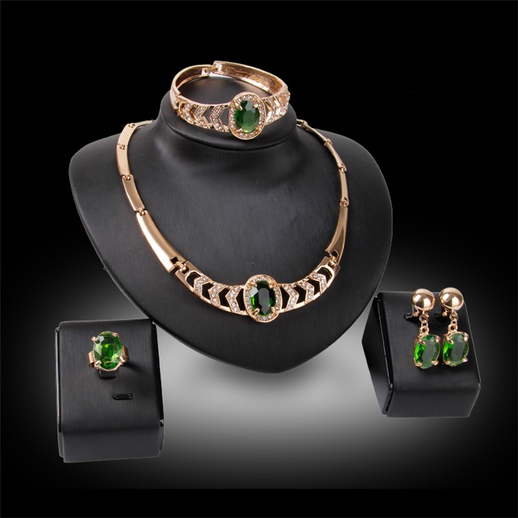 Charming Emerald Rhinestone Necklace Bracelet Ring and Earrings Jewelry Set for Women-2