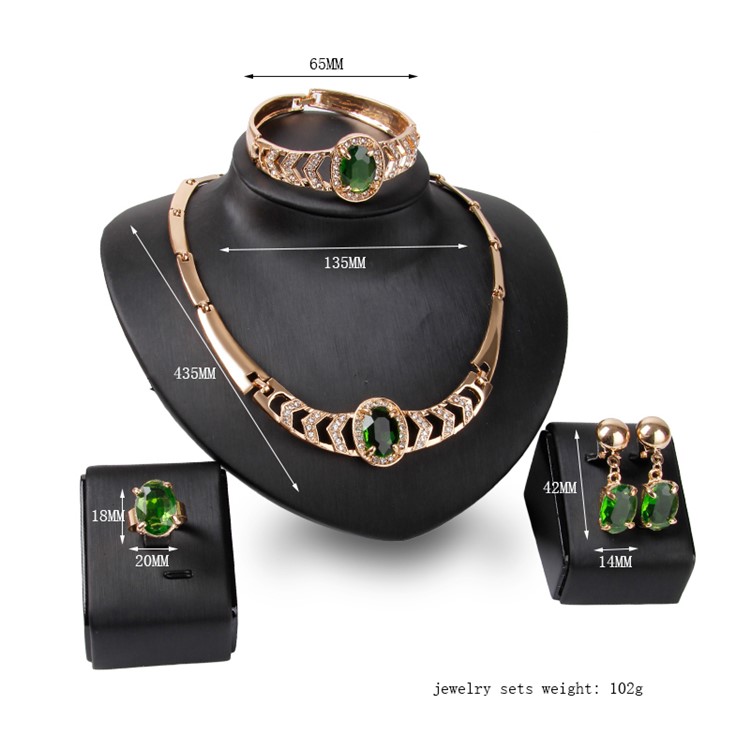 Charming Emerald Rhinestone Necklace Bracelet Ring and Earrings Jewelry Set for Women-3