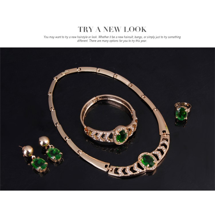 Charming Emerald Rhinestone Necklace Bracelet Ring and Earrings Jewelry Set for Women-4