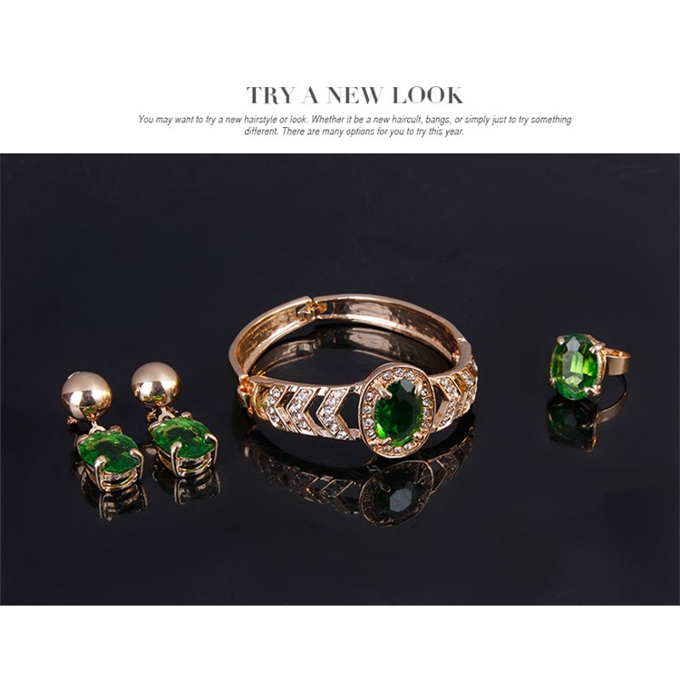 Charming Emerald Rhinestone Necklace Bracelet Ring and Earrings Jewelry Set for Women-7