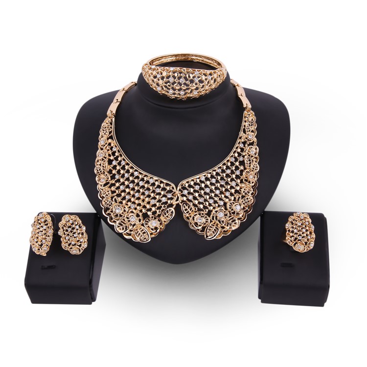 Fashion Gold Plated Necklace Ring Earrings Bracelet Jewelry Set for Wedding - Style A-1