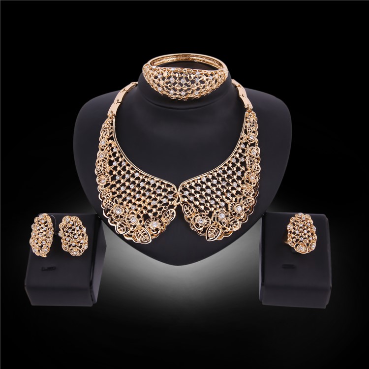 Fashion Gold Plated Necklace Ring Earrings Bracelet Jewelry Set for Wedding - Style A-2