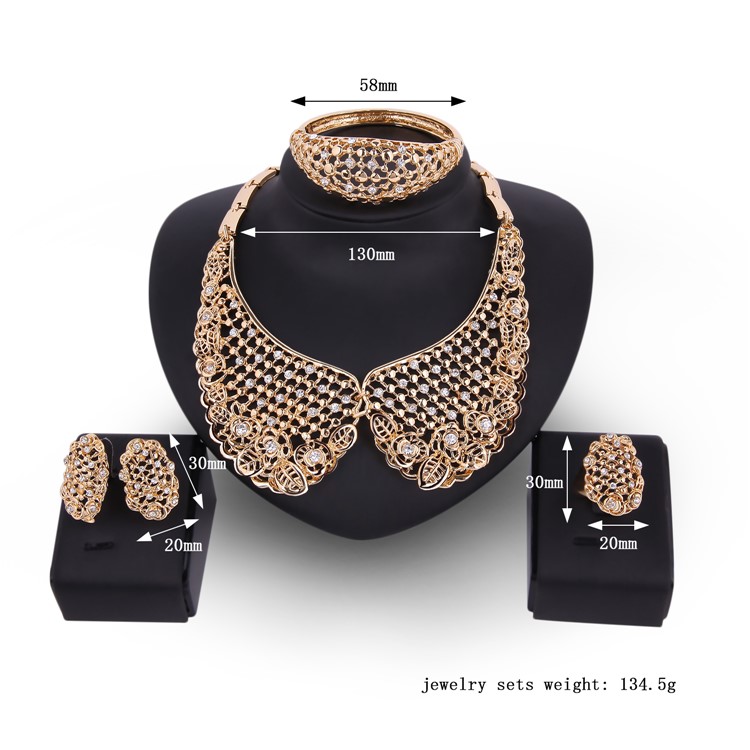 Fashion Gold Plated Necklace Ring Earrings Bracelet Jewelry Set for Wedding - Style A-3