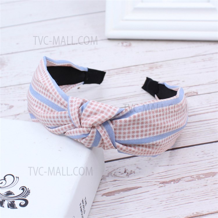 YM-043 Knot Wide Brim Headband Fabric Hair Hoop Adult Women Hair Accessories - Pink Plaid-1