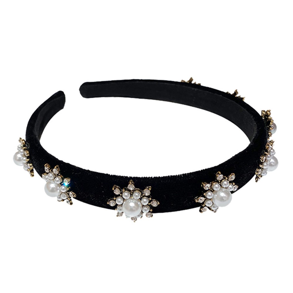 HH388 Women Snowflake Rhinestone Imitation Pearls Black Velvet Headband Wide Brim Hair Accessories-1
