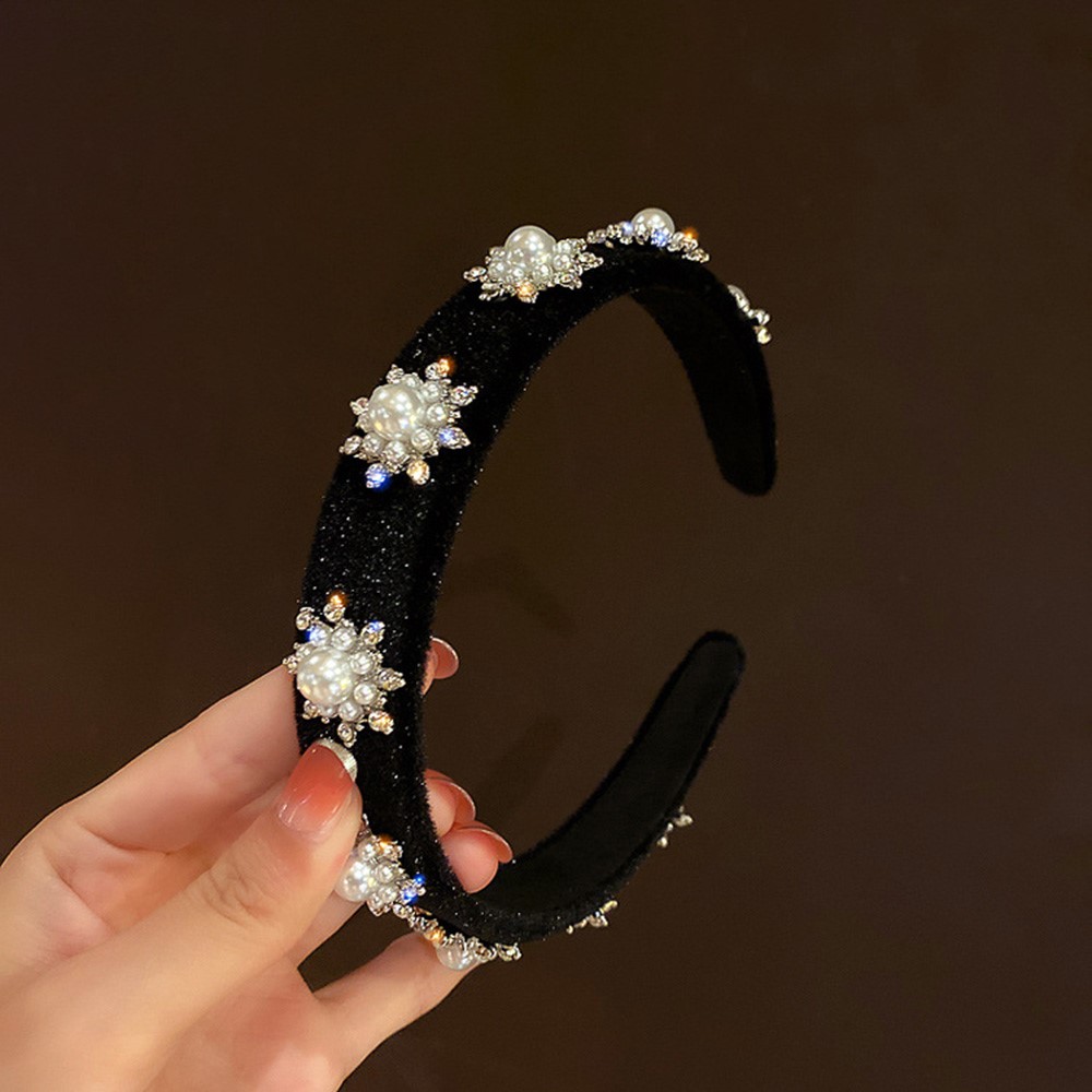HH388 Women Snowflake Rhinestone Imitation Pearls Black Velvet Headband Wide Brim Hair Accessories-2