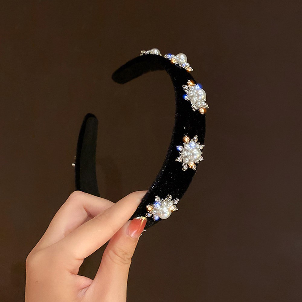 HH388 Women Snowflake Rhinestone Imitation Pearls Black Velvet Headband Wide Brim Hair Accessories-3