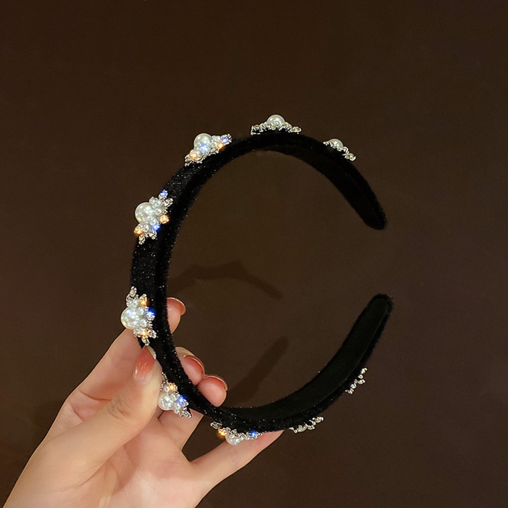 HH388 Women Snowflake Rhinestone Imitation Pearls Black Velvet Headband Wide Brim Hair Accessories-4