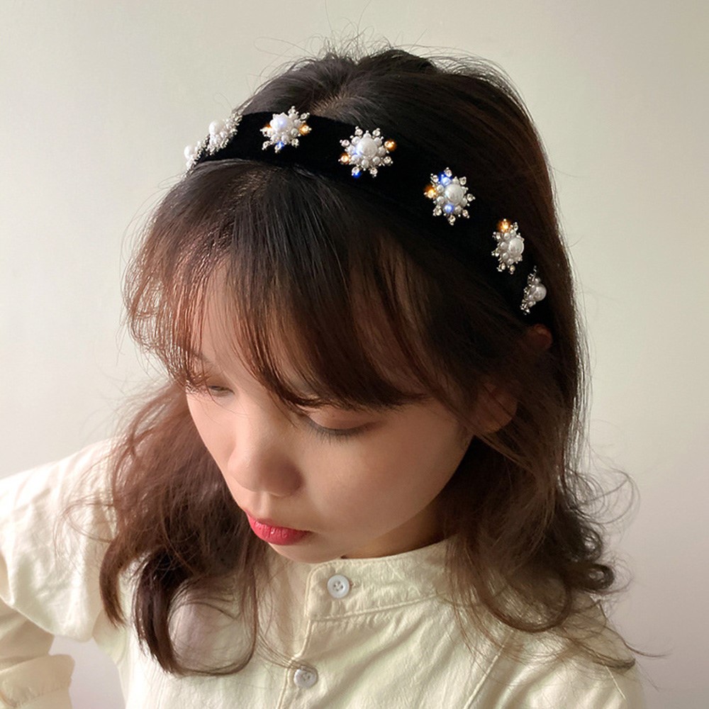 HH388 Women Snowflake Rhinestone Imitation Pearls Black Velvet Headband Wide Brim Hair Accessories-5