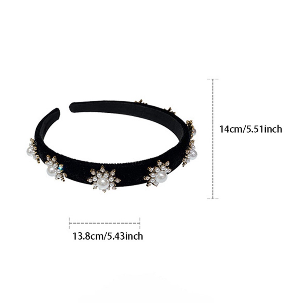 HH388 Women Snowflake Rhinestone Imitation Pearls Black Velvet Headband Wide Brim Hair Accessories-6