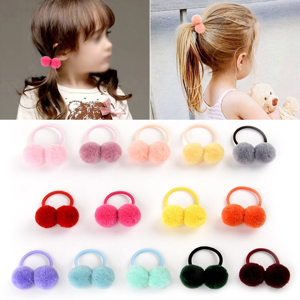 979 Kids Girls Elastic Hair Ring with Two Pom Pom Balls Hair Rope Ponytail Holder - Rose-3