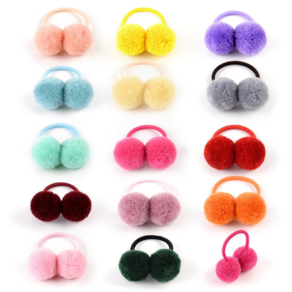 979 Kids Girls Elastic Hair Ring with Two Pom Pom Balls Hair Rope Ponytail Holder - Rose-4
