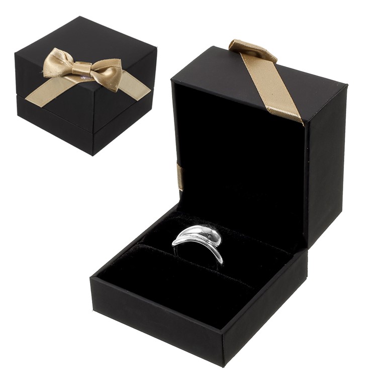 Ribbon Bowknot Touch Paper Wedding Rings Box Holder Display Case, Size: 6 x 6 x 4.5cm - Black-1