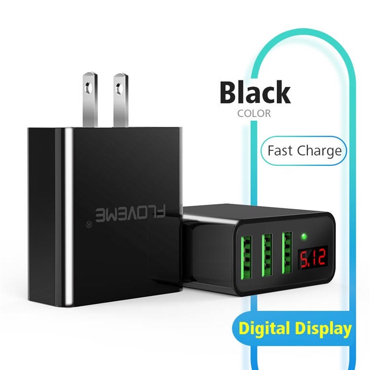 FLOVEME 3 USB Ports Output Wall Adapter Travel Charger with Digital Display for iPhone Samsung HTC Etc. - Black / US Plug-1