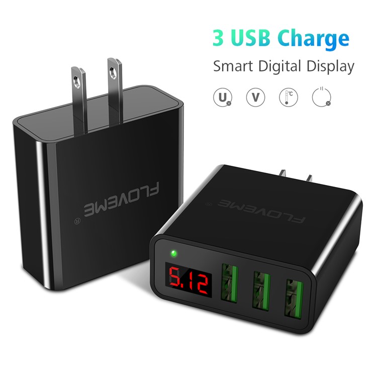FLOVEME 3 USB Ports Output Wall Adapter Travel Charger with Digital Display for iPhone Samsung HTC Etc. - Black / US Plug-2