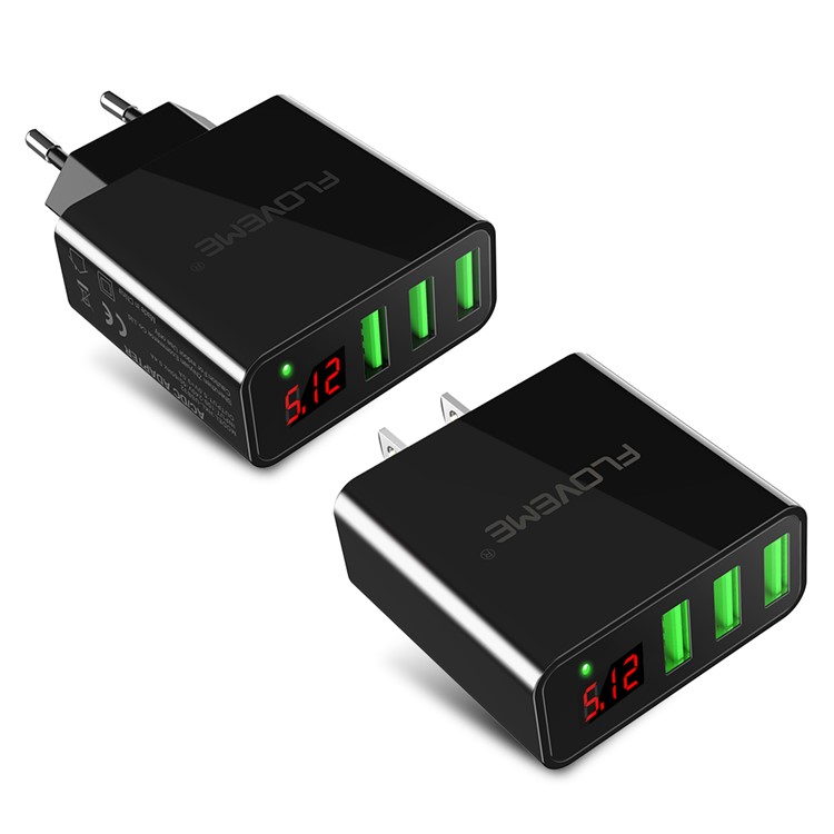 FLOVEME 3 USB Ports Output Wall Adapter Travel Charger with Digital Display for iPhone Samsung HTC Etc. - Black / US Plug-3