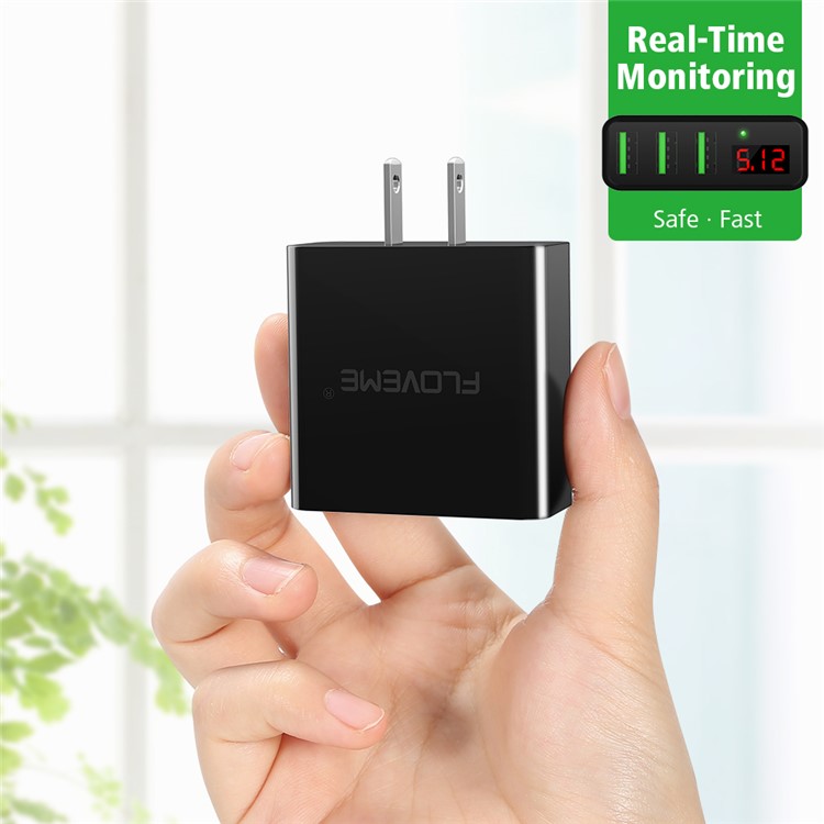 FLOVEME 3 USB Ports Output Wall Adapter Travel Charger with Digital Display for iPhone Samsung HTC Etc. - Black / US Plug-5