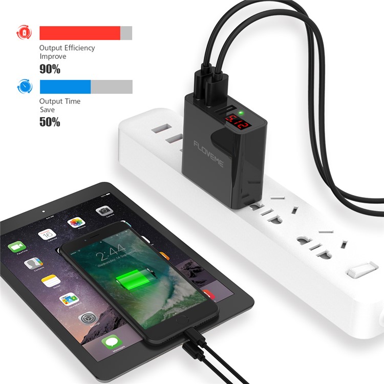 FLOVEME 3 USB Ports Output Wall Adapter Travel Charger with Digital Display for iPhone Samsung HTC Etc. - Black / US Plug-8