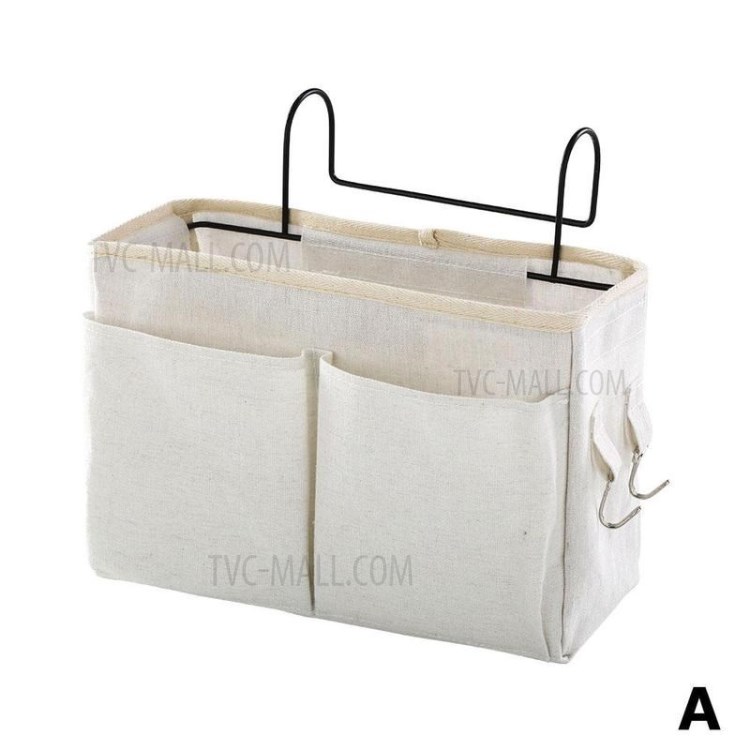 Bedside Storage Hanging Bag Waterproof Canvas Storage Basket - White
