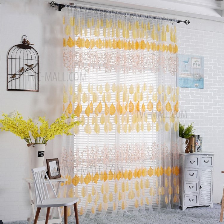 Folha Padrão De Árvore Clara Cortina De Tela Da Janela Romântico Com Ganchos - Verde / 100x270cm - 100x200cm // Amarelo-1