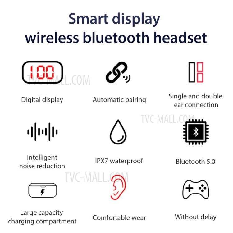 Écouteur V8 TWS Sans Fil Bluetooth 5.0 Casque de Casque Sportif Avec Affichage Numérique LED