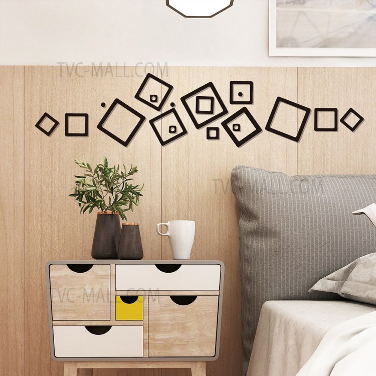 FANXI 18 Pcs/Set Acrylic Geometric Hollow Square Mirror Sticker Wall Sticker for Home Room Kitchen Office - Black-2