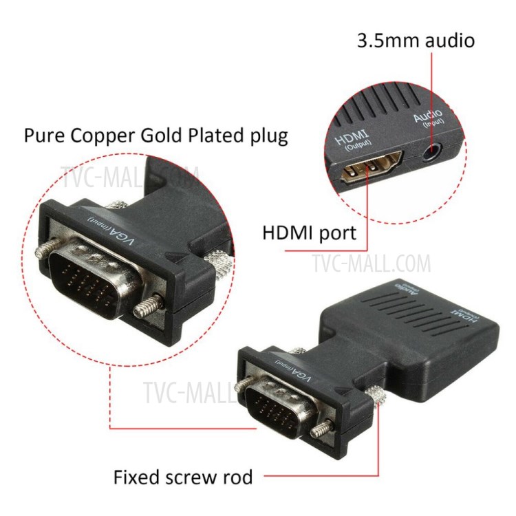 Video Converter with Audio Port HDMI to VGA HD Video Computer Box Adapter (Black)-3
