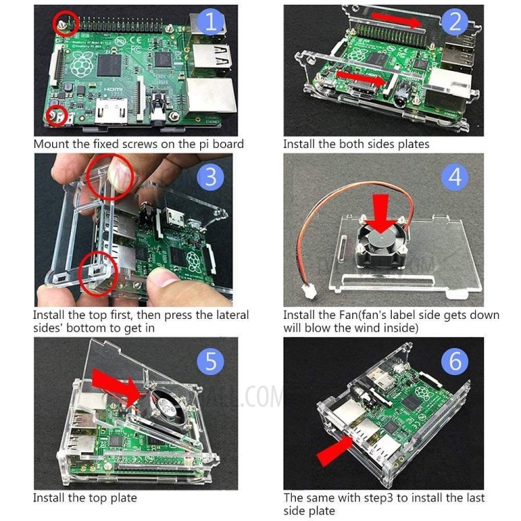 For Raspberry Pi 2/3/B+ Clear Acrylic Case + Cooling Fan + Heatsink-12