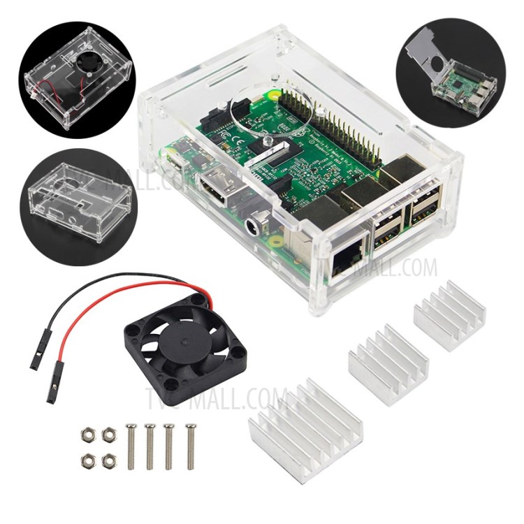 For Raspberry Pi 2/3/B+ Clear Acrylic Case + Cooling Fan + Heatsink-2