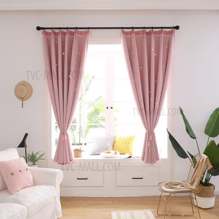 Hollow Stars Pattern Window Curtain Double Layer Living Room Bedroom Balcony Curtain - Pink//1x2m-2