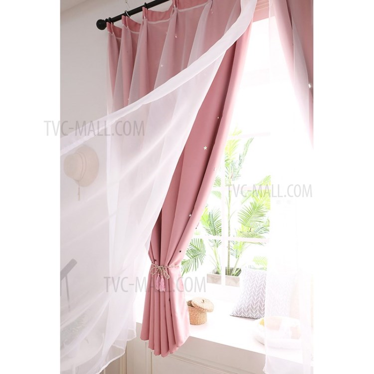 Hollow Stars Pattern Window Curtain Double Layer Living Room Bedroom Balcony Curtain - Pink//1x2m-8