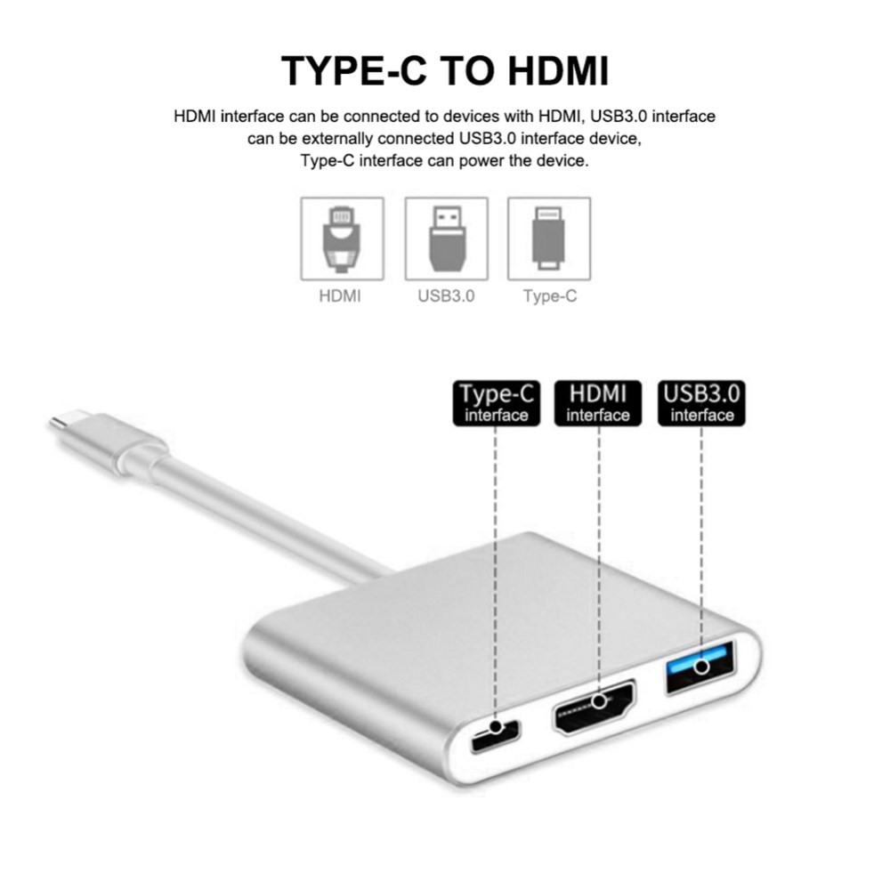 Cable De Conversión 3 En 1 USB Tipo C Tipo C HUB Adaptador A 4K PORT + USB 3.0 PORT + TIPO - Puerto C