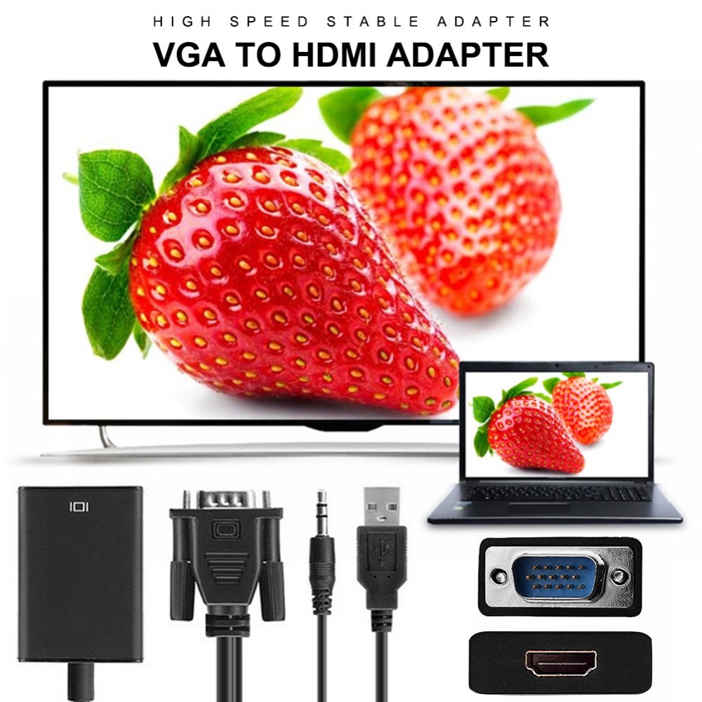 Adaptador VGA Para HDMI Com 3,5 Milímetros Cabo De Áudio Para Laptop TV Computador Tablet PC-10