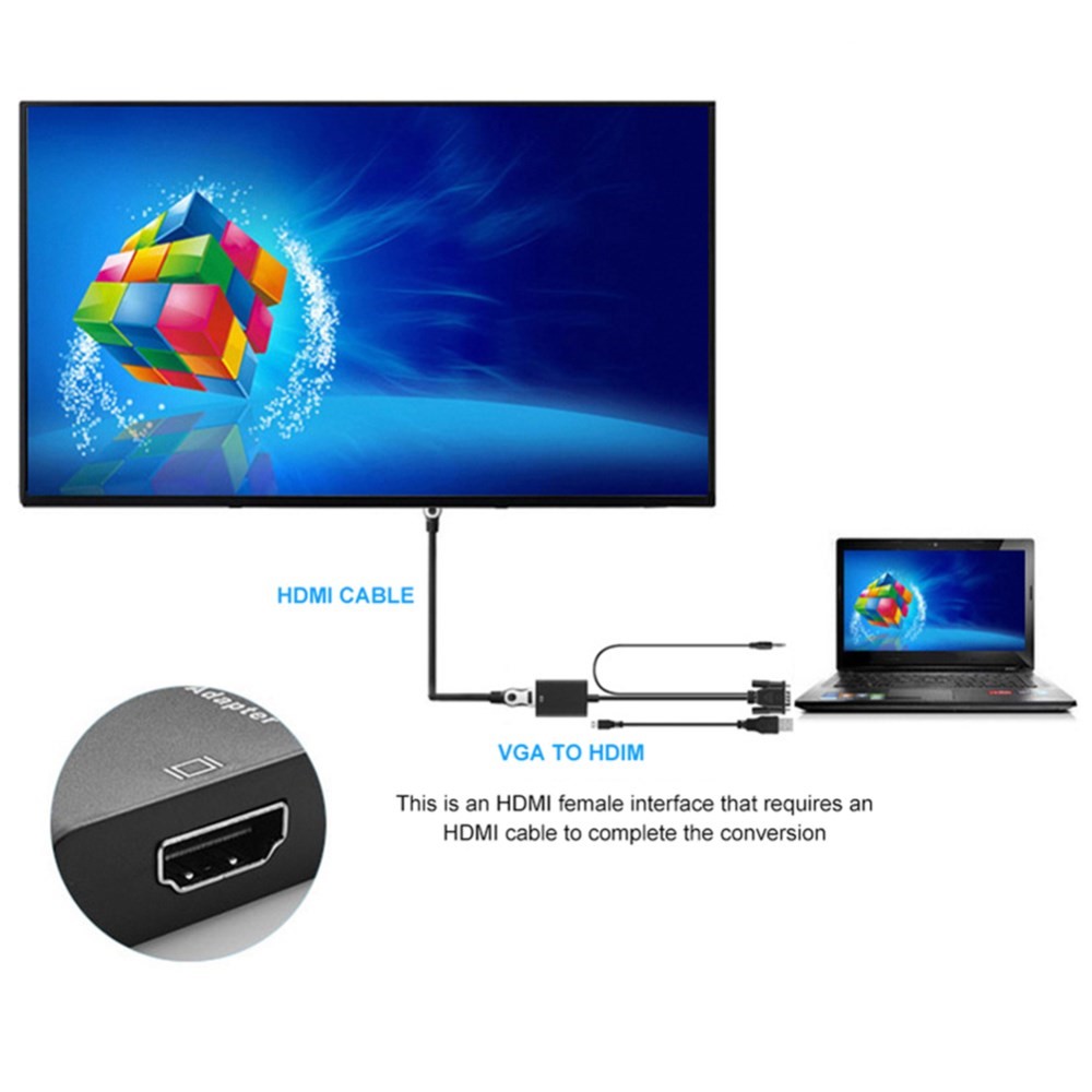 Adaptador VGA Para HDMI Com 3,5 Milímetros Cabo De Áudio Para Laptop TV Computador Tablet PC-14
