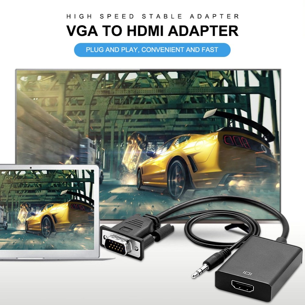 Adaptador VGA Para HDMI Com 3,5 Milímetros Cabo De Áudio Para Laptop TV Computador Tablet PC-3