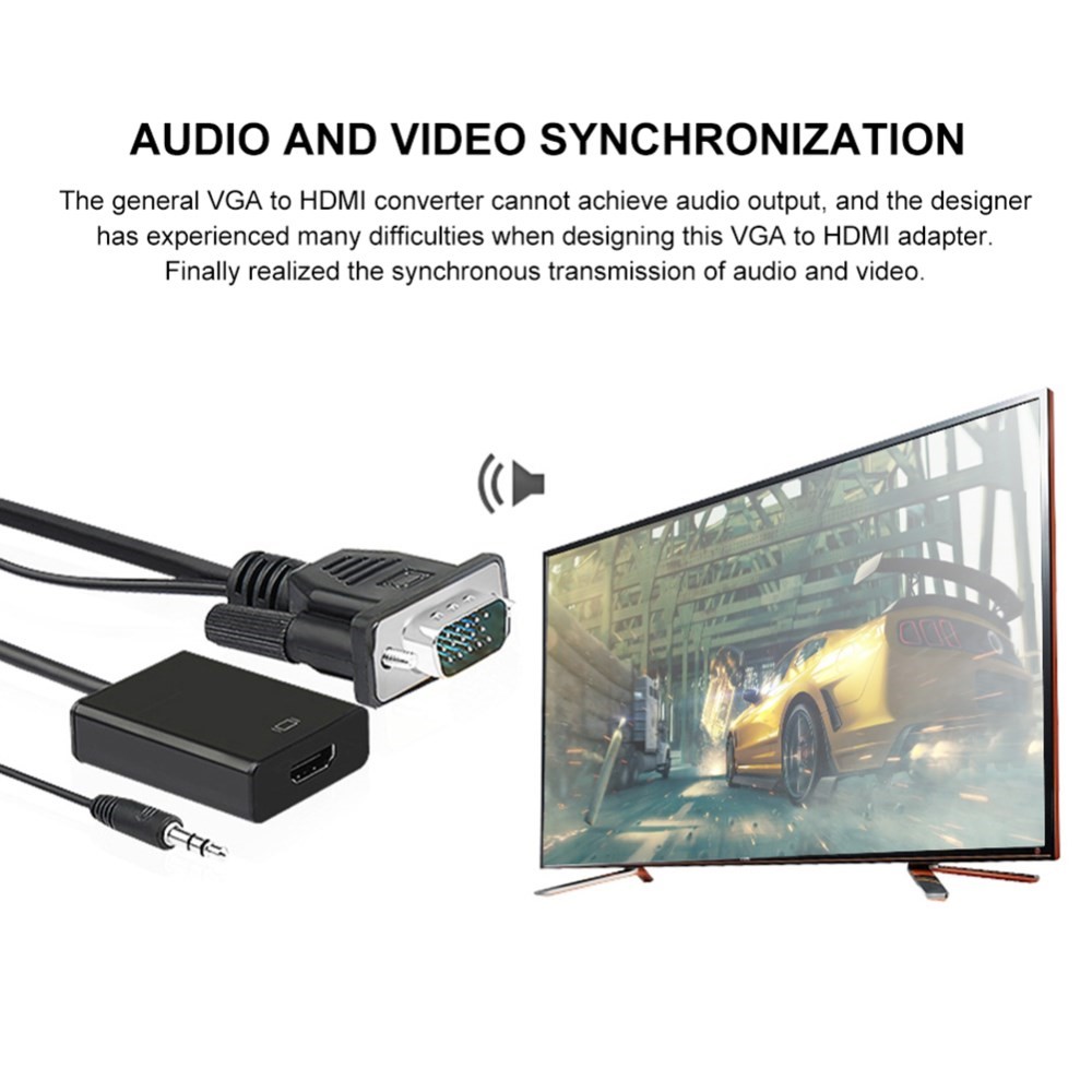 Adaptador VGA Para HDMI Com 3,5 Milímetros Cabo De Áudio Para Laptop TV Computador Tablet PC-4