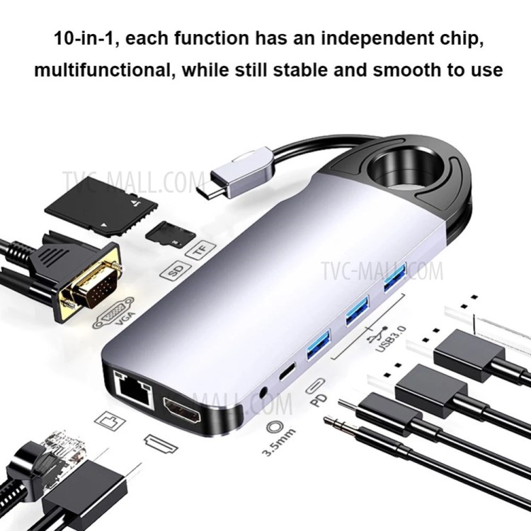 10 in 1 USB-C Hub Type-C Adapter with Ethernet HDMI VGA 3xUSB3.0 SD/TF Card Reader 3.5mm Audio USB - C PD-12