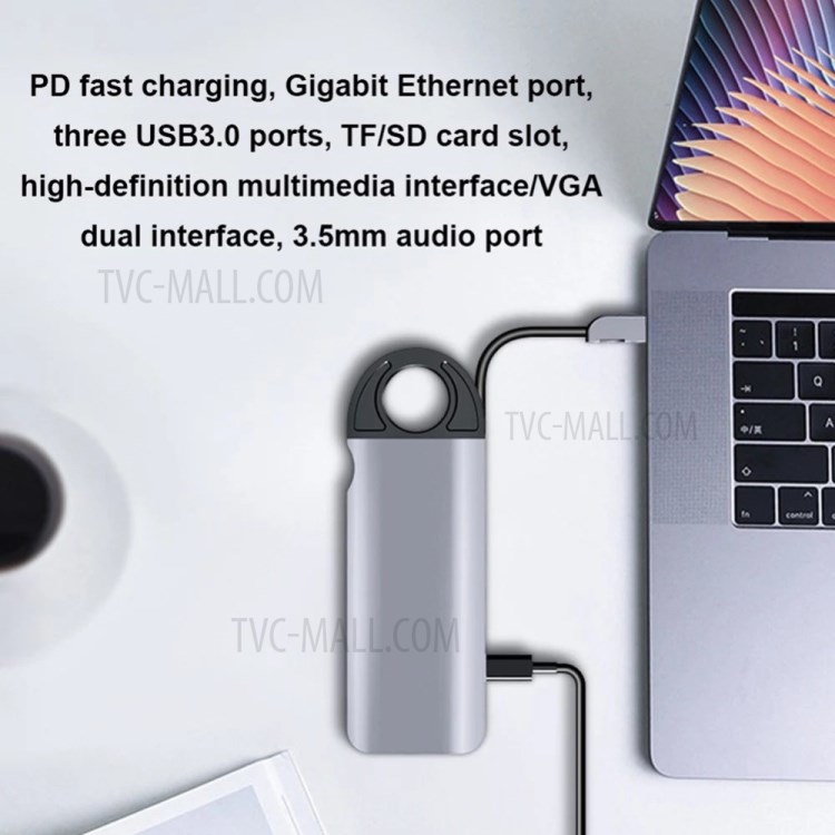 10 in 1 USB-C Hub Type-C Adapter with Ethernet HDMI VGA 3xUSB3.0 SD/TF Card Reader 3.5mm Audio USB - C PD-6