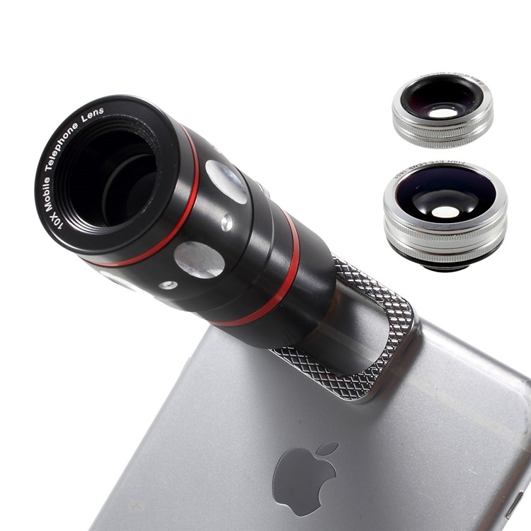 Universal Clip 4 in 1 10X Telephone Lens + Fish Eye Lens + Wide-angle & Macro Lens Kit for iPhone iPad Samsung LG Etc - Silver Color